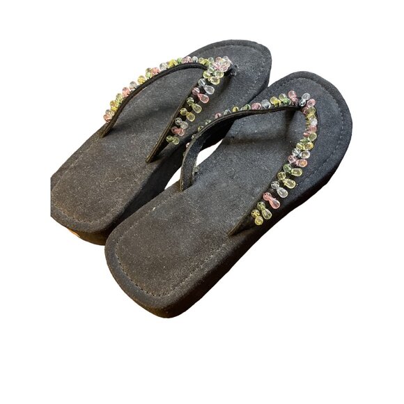 Black Multicolor Beaded Platform Thong Flip Flop Slip On Shoes Sz XL - Picture 2 of 7